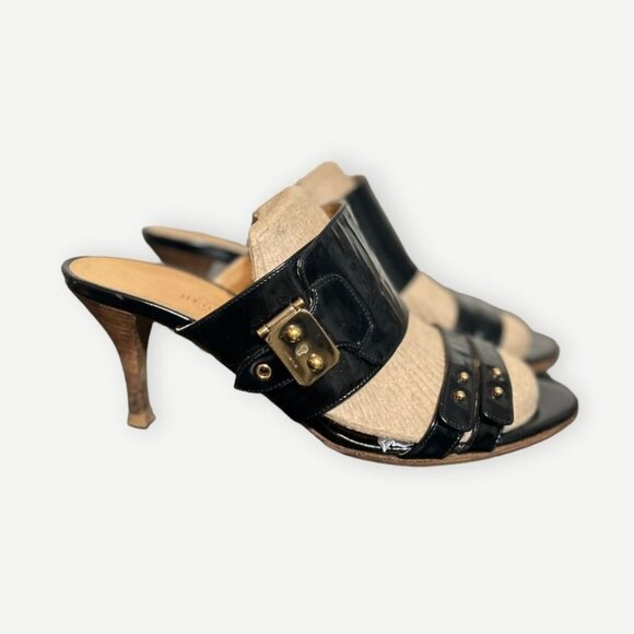 Hermès Black Patent Leather Sandals 36.5 Gold Hardware Buckle Heel Textured Stud - Picture 2 of 10